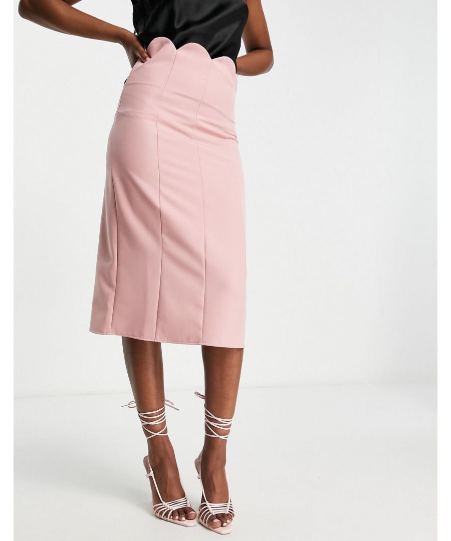 Skirt by ASOS DESIGN The scroll is over High rise Scallop waist Zip-back fastening Kick split Slim fit  Sold By: Asos