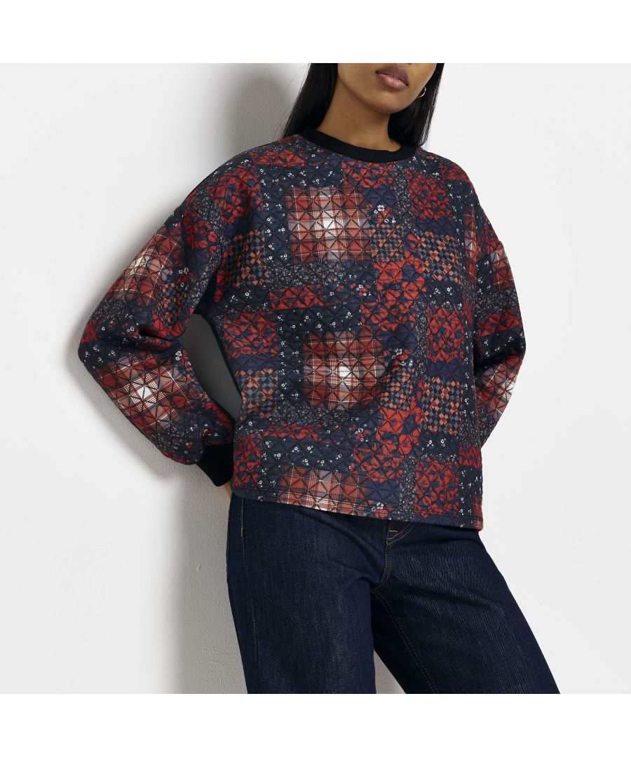 > Brand: River Island> Department: Women> Colour: Red> Type: Jumper> Style: Pullover> Material Composition: 100% Cotton> Material: Cotton> Neckline: Crew Neck> Sleeve Length: Long Sleeve> Pattern: Printed> Occasion: Casual> Size Type: Regular> Season: AW22