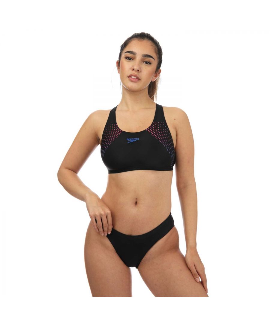 Womens Speedo Placement Bikini in black - blue.- Light bust support - a comfortable elastic underband keeps your bust in place.- 100% Chlorine resistance.- Quick dry.- Body: 80% Nylon  20% Elastane. Lining: 100% Polyester.- 812596F228Please note that returns will only be accepted if the hygiene label is still attached to the product.