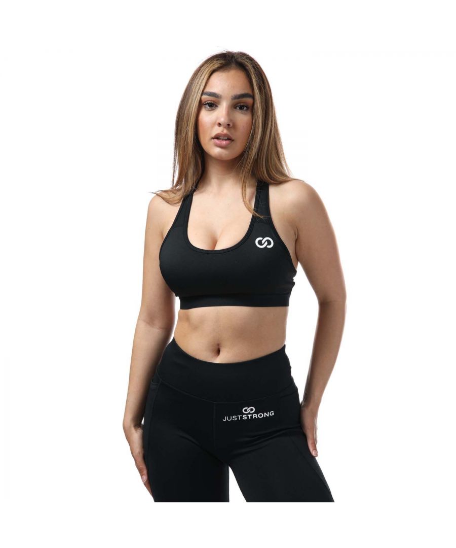 Womens Just Strong Motion Sports Bra in black.- Elasticated bust.- Stylish mesh backing and padding.- 87% Polyester  13% Elastane.- Ref:JS958