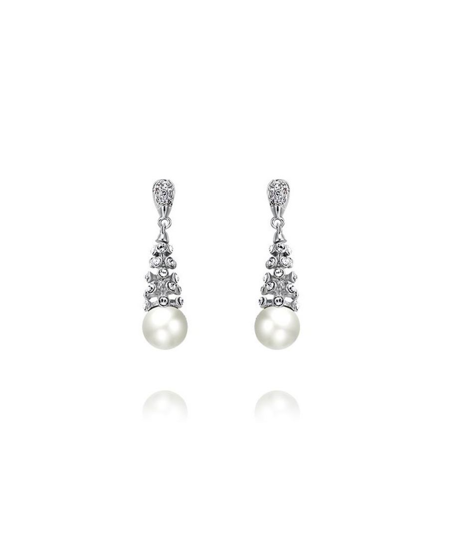 Pearl and White Swarovski Crystal Elements Earrings and Rhodium Plated This beautiful pair of earrings dangling earrings is composed of a white synthetic pearl. The frame is set with white Swarovski Elements crystals. Alloy frame high quality Rhodium plated for a perfect finish. This gem has a classic design and contemporary and is remarkable for its elegance. Suitable for pierced ears. Pearl size: 0.7 cm Dimensions: 3 x 0.7 cm