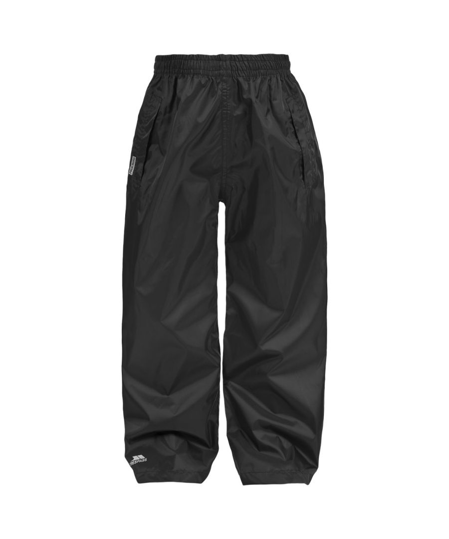 Unisex packaway trousers. 3 pocket openings (no pocket bags). Full elasticated waist. Trouser packs into pouch. Waterproof 3000mm, windproof, breathable 3000mvp. Taped seams. 100% Polyester PU coated. Machine washable.