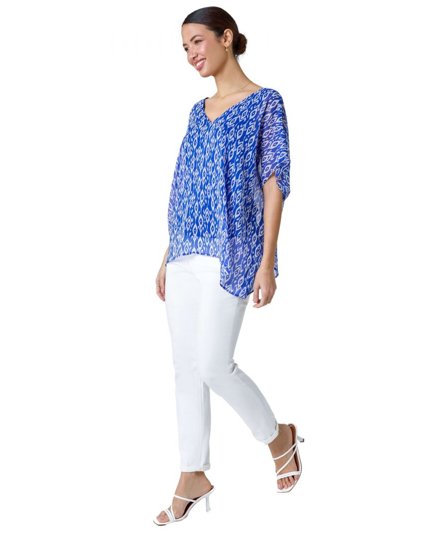 Roman Womens Abstract Print V-Neck Overlay Tunic Top - Blue - Size 12 UK