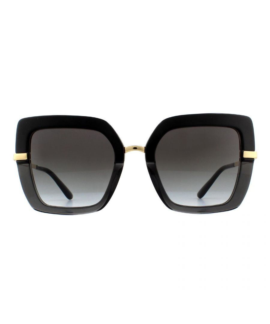 Dolce & Gabbana Sunglasses DG4373 32468G Top Black on Transparent Grey Gradient are a striking square style frame with the iconic Print Family Theme. DG4373 have a half print design with each half separated by metal detailing that follows around to the temples with Dolce & Gabbana engravings.