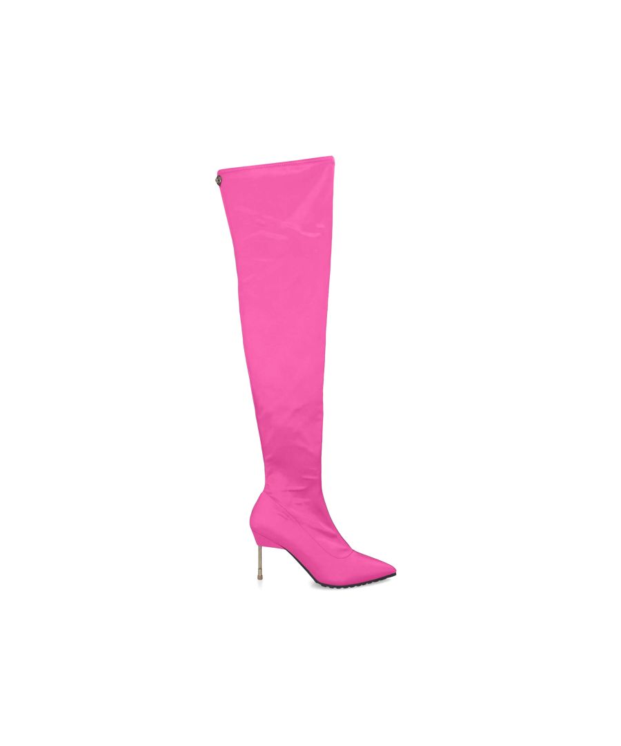 The Barbican Over The Knee boot arrives in neon fuchsia stretch satin. The antiqued brass Eagle head features brass crystals at the ankle. Heel height: 9cm. Gold KGL stud on the outer sole. Concealed inner side zip with leather pull tab.