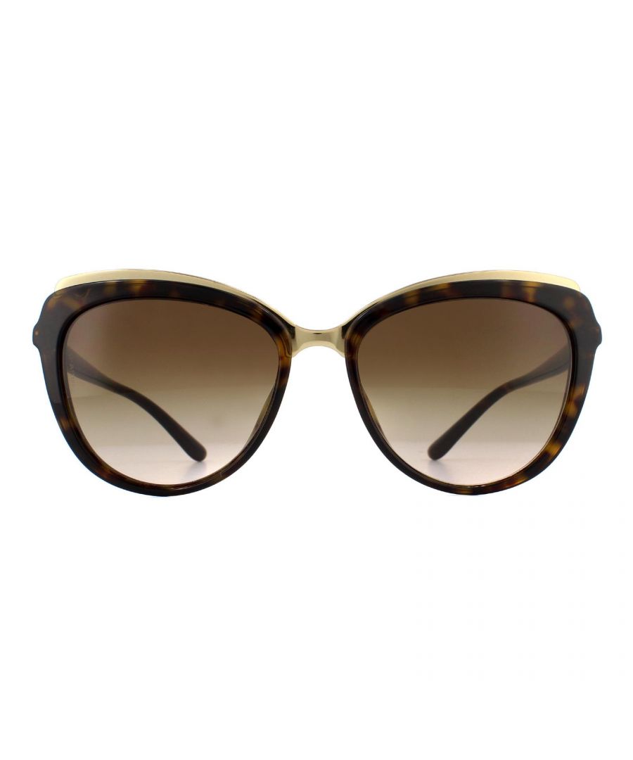 Dolce & Gabbana Sunglasses DG4304 502/13 Havana Brown Gradient feature a polished metal bridge that then continues above the rims to accentuate the cat's eye and to give a lovely contrasting finish to these cool acetate frames