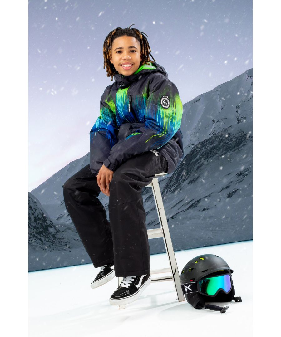 The HYPE. Snow Kids Jackets are here to keep you ahead of trends even on the slopes. With a high neck fastening, fixed hood, double secure pockets and inside padding for the ultimate comfort. This is designed in our standard kids snow jacket shape, perfect for boys, girls and genderless. This HYPE. Snow Drips Jacket boasts our signature graffiti spray drips all over print in a blue, lime and cyan colour palette. Machine washable.