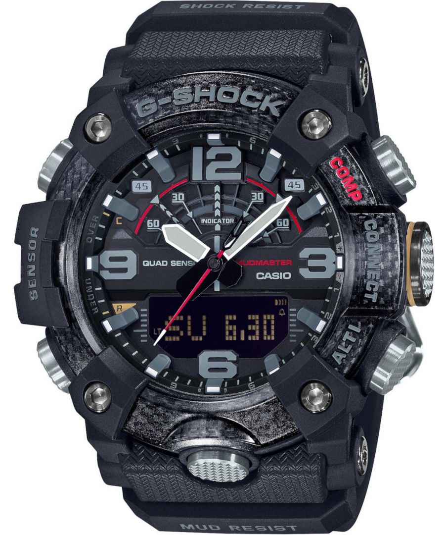 This Casio G-shock Mudmaster Analogue-Digital Watch for Men is the perfect timepiece to wear or to gift. It's Black 50 mm Round case combined with the comfortable Black Plastic watch band will ensure you enjoy this stunning timepiece without any compromise. Operated by a high quality Quartz movement and water resistant to 20 bars, your watch will keep ticking. A premium super tough G-Shock Mudmaster watch that prevents ingress from water, mud, sand and dust, making it the perfect companion for harsh environments, The watch face will illuminate automatically when you tilt your wrist towards you.  -The watch has a calendar function: Day-Date, Bluetooth, Thermometer, Barometer, Altimeter, Stop Watch High quality 21 cm length and 24 mm width Black Plastic strap with a Buckle Case diameter: 50 mm,case thickness: 16 mm, case colour: Black and dial colour: Black