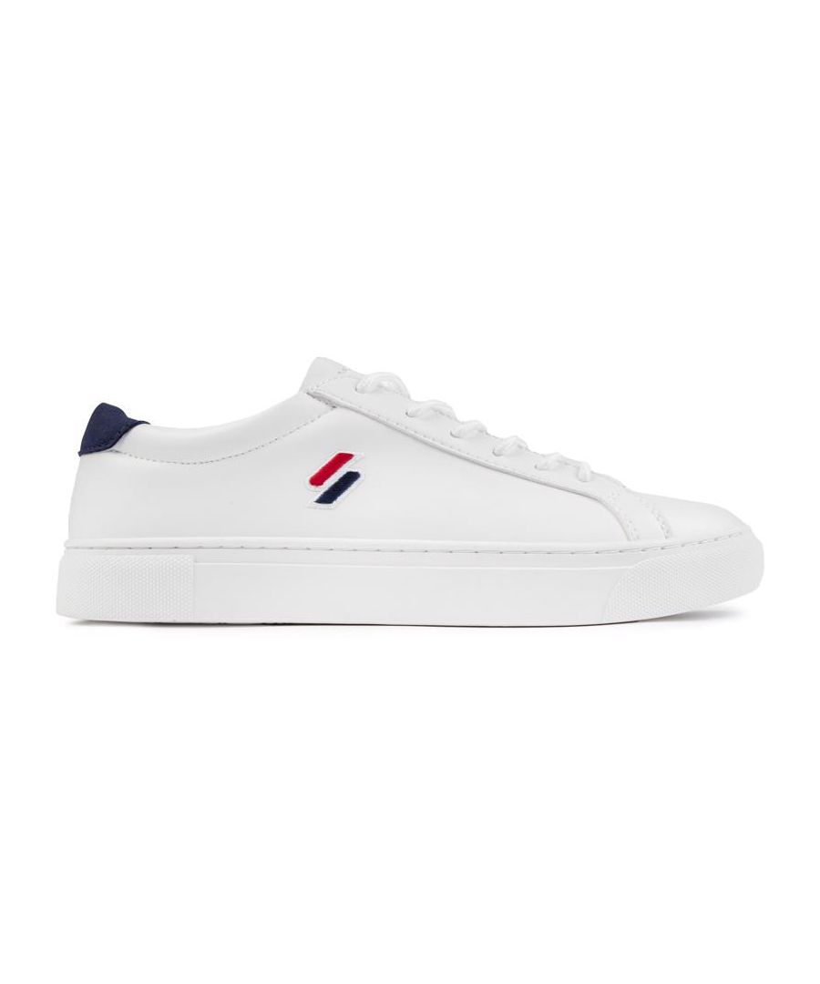 Mens white Superdry vegan court tennis trainers, manufactured with synthetic and a rubber sole. Featuring: cup sole, printed insock, tonal tongue branding, coloured heel counter and embroidered branding.