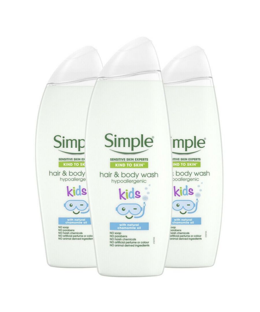 Simple Kind to Skin Kids Hypoallergenic Hair & Body Wash will make your kids jump at the opportunity to have a bath or take a shower. Simple has come up with a gentle formula that will moisturize your kids' skin and leave them feeling refreshed and smelling great all day. This gentle hair and body wash for kids are hypoallergenic, dermatologically tested, and made with simple ingredients: there are no artificial perfumes or colours, no harsh chemicals, no soap, no parabens, and no animal-derived ingredients. What we do add are skin-loving ingredients like moisturizers, natural lavender, and chamomile oils, as well as pro-vitamin B5, and glycerin. This gives you the best moisturizing hair and body wash for kids. We take great care in making sure that we protect your children's sensitive skin and Simple Kind to Skin Hypoallergenic Hair & Body Wash is great for children and adults alike with all different types of skin.\n\nFeatures:\n\nSimple Kind to Skin Kids Hypoallergenic Hair & Body Wash gently yet effectively cleanses and soothes your kid's hair and body.\nThis body wash and shampoo for kids is enriched with moisturizers, natural lavender and chamomile oils, pro-vitamin B5, and glycerin.\nThis 2 in 1 hypoallergenic shower gel and hair care product for kids has a gentle and dermatologically tested formula.\nPerfect for your child's sensitive skin, this body washes and shampoo was designed by sensitive skin experts and is loved by all skin types.\n\nIngredients: Aqua, Sodium Laureth Sulfate, Glycerin, Cocamidopropyl Betaine, Sodium Chloride, PEG-80 Sorbitan Laurate, Anthemis Nobilis Flower Oil, Benzoic Acid, Citric Acid, Coco-glucoside, Disodium Cocoamphodiacetate, Lavandula Angustifolia Oil, Panthenol, Pantolactone, Sodium Benzoate, Sodium Cocoamphodiacetate, Styrene/Acrylates Copolymer, Tetrasodium EDTA\n\nSafety Warning: for external use only. Avoid getting into your eyes.\n\nBox Contains: 3x Simple Kids Hair & Body Wash, 500ml