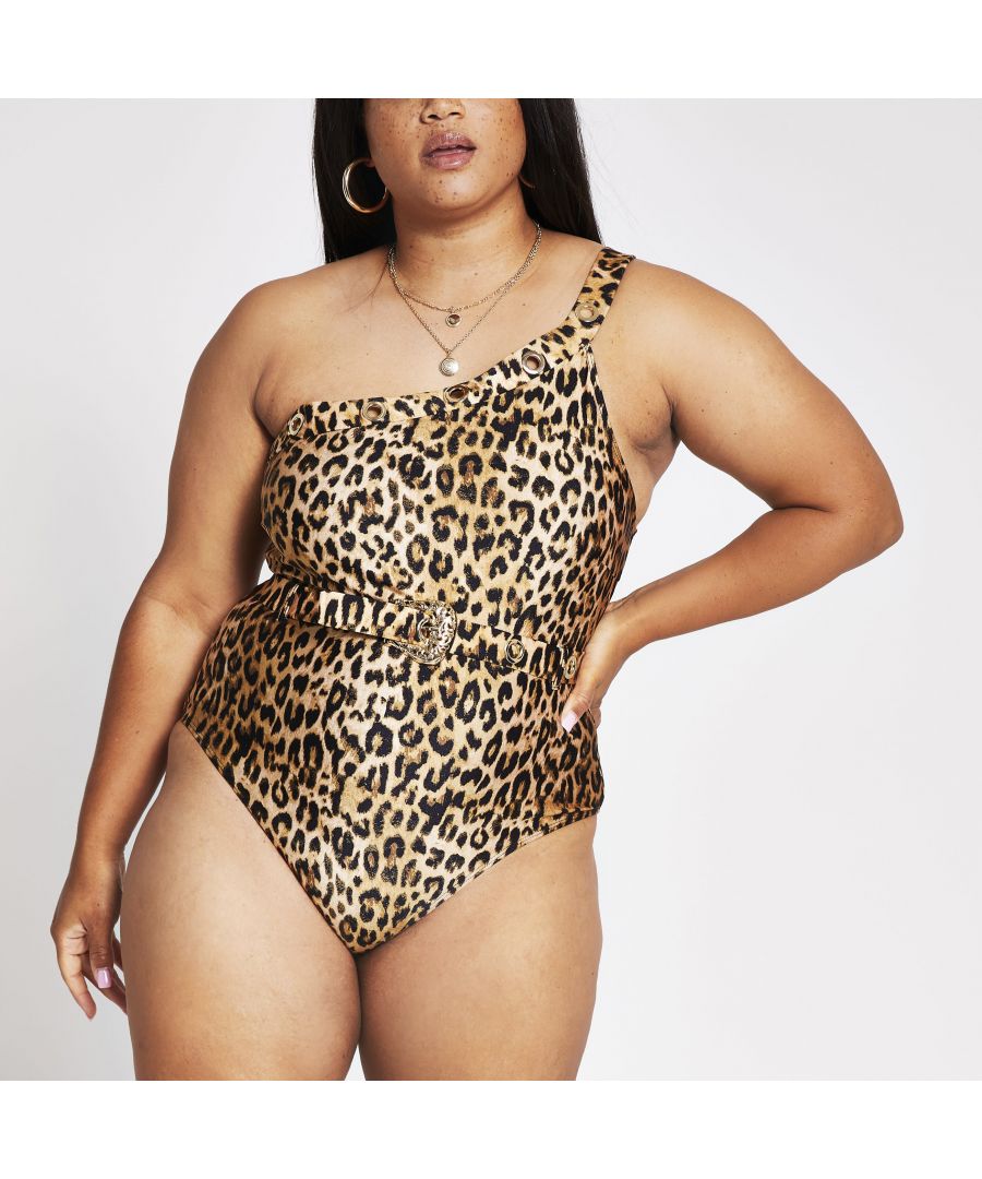 > Brand: River Island> Department: Women> Colour: Brown> Type: One Piece> Style: Swimsuit> Size Type: Plus> Material Composition: 82% Nylon (polyamide) 18% Elastane> Occasion: Casual> Pattern: Animal Print> Material: Nylon> Neckline: One Shoulder> Season: SS20