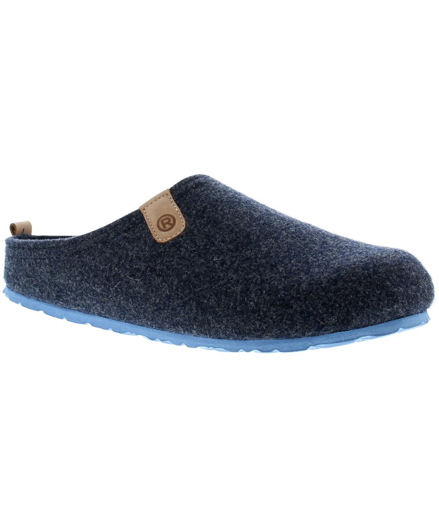 Rohde Napoli Mens Mule Slippers Wide-Fit Removable Insole Navy. Fabric Upper. Fabric Lining. Synthetic Sole. Mens Wide Fit Recycled Indoor Slipper Removable Leather Footbed.