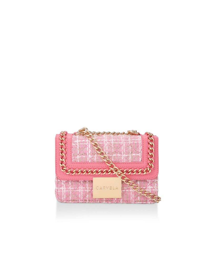 The Mini Bailey Cross Body is crafted in a pink tweed fabric with overstitch quilted flap detail. There is a gold tone chain trim as well as gold tone branded plate closure. Dimensions: 13cm (H), 21cm (L), 7cm (D). Strap drop: 116cm. Strap drop: 59cm.