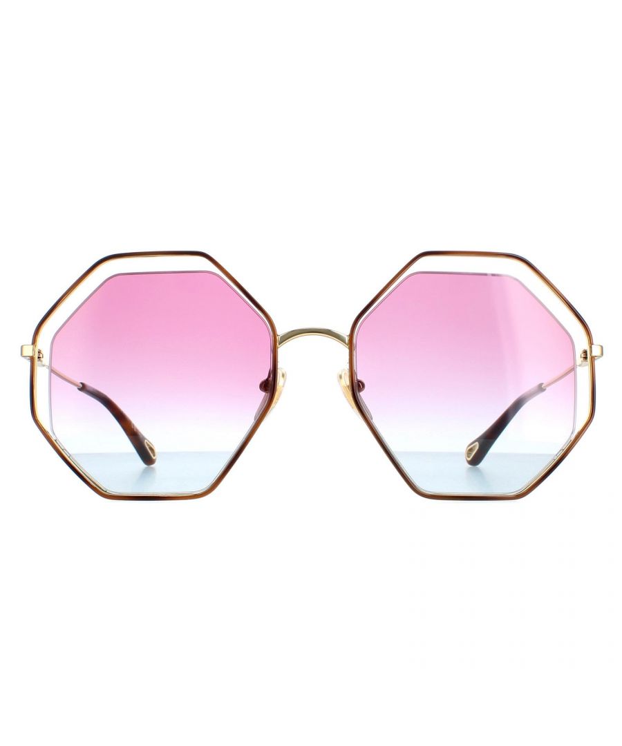 Chloe Round Womens Havana Gold Violet Blue Gradient CH0046S Sunglasses are an oversized round style with a sculptural wired frame, silicone nose pads and temples etched with the Chloe logo.