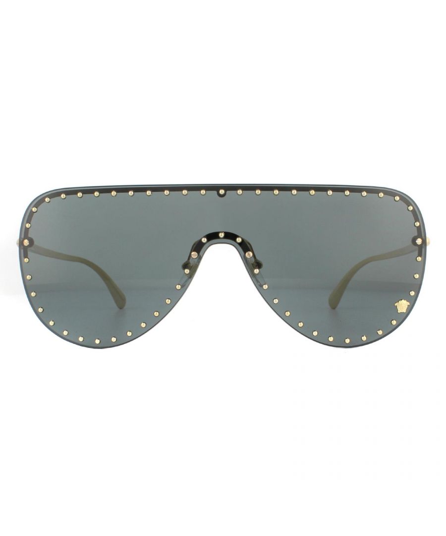 Versace Sunglasses VE2230B 100287 Gold Dark Grey  are a modern aviator shape with slender temples creating a comfortable and lightweight feel. The outer front frame showcases embellished crystals with the trademark Medusa head logo seen on the bottom left corner for authenticity