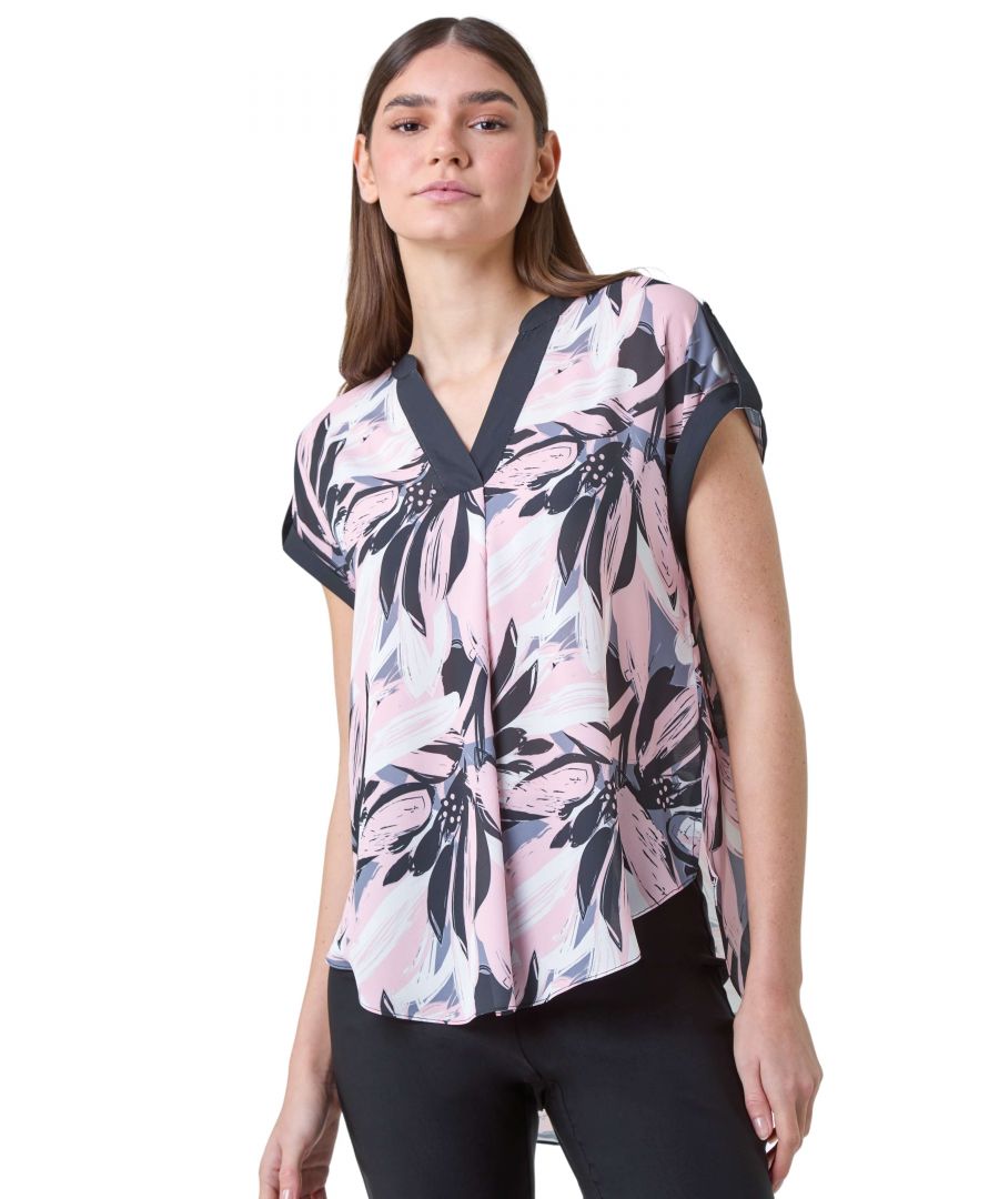 Roman Womens Abstract Floral Print Contrast Trim Top - Pink - Size 12 UK