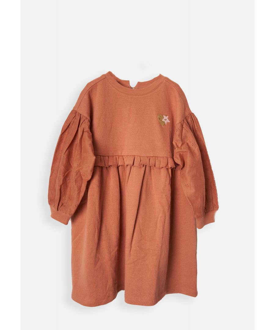The ultimate jersey dress. Supersoft sweat fabric in a easy to wear shape with beautiful voluminous broderie sleeves and a sweet logo. Dress up or down . Ginger. About me: 100% Cotton. Look after me: Think planet. wash at 30c.