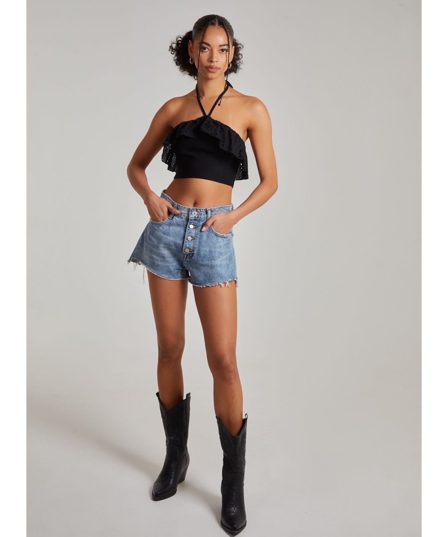 Pink Vanilla Womens Halter Neck Broderie Frill Hem Crop Top - Black - Size Small