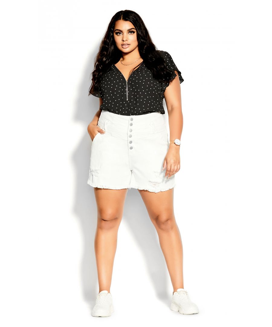 White denim never looked better than with our flattering Corset Waist Short! Cinching an hourglass figure with its corset waistline and curve-loving stretch denim fit, you'll be reaching for this flirty pair every single time. Key Features Include: - High rise - Fitted corset waistband - Four pocket denim styling - Six button closure - Belt loops - Signature Chic Denim hardware - 360 Technology stretch denim - High denim fibre retention to maintain shape - Distressed detail - Frayed hemline Style over your swimsuit and pair with strappy sandals for a perfect beach look.