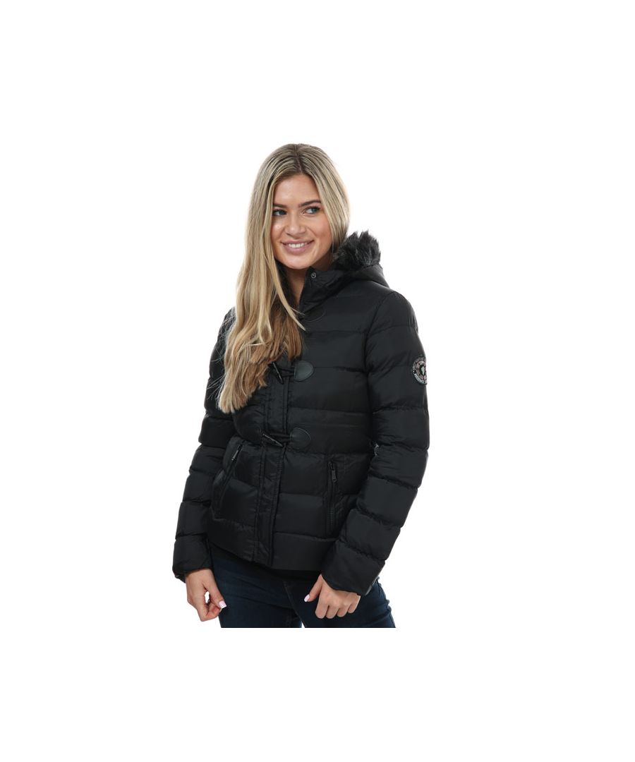 Womens Brave Soul Wizard Padded Duffle Jacket in black.- Grown-on lined hood with faux fur trim.- Full zip fastening.- Storm placket with snap and toggle closure.- Lower zip pockets.- Badge to left sleeve.- Toggle detail to CF.- Padded style.- 100% Polyamide.- Ref: LJKWIZARD2BLK
