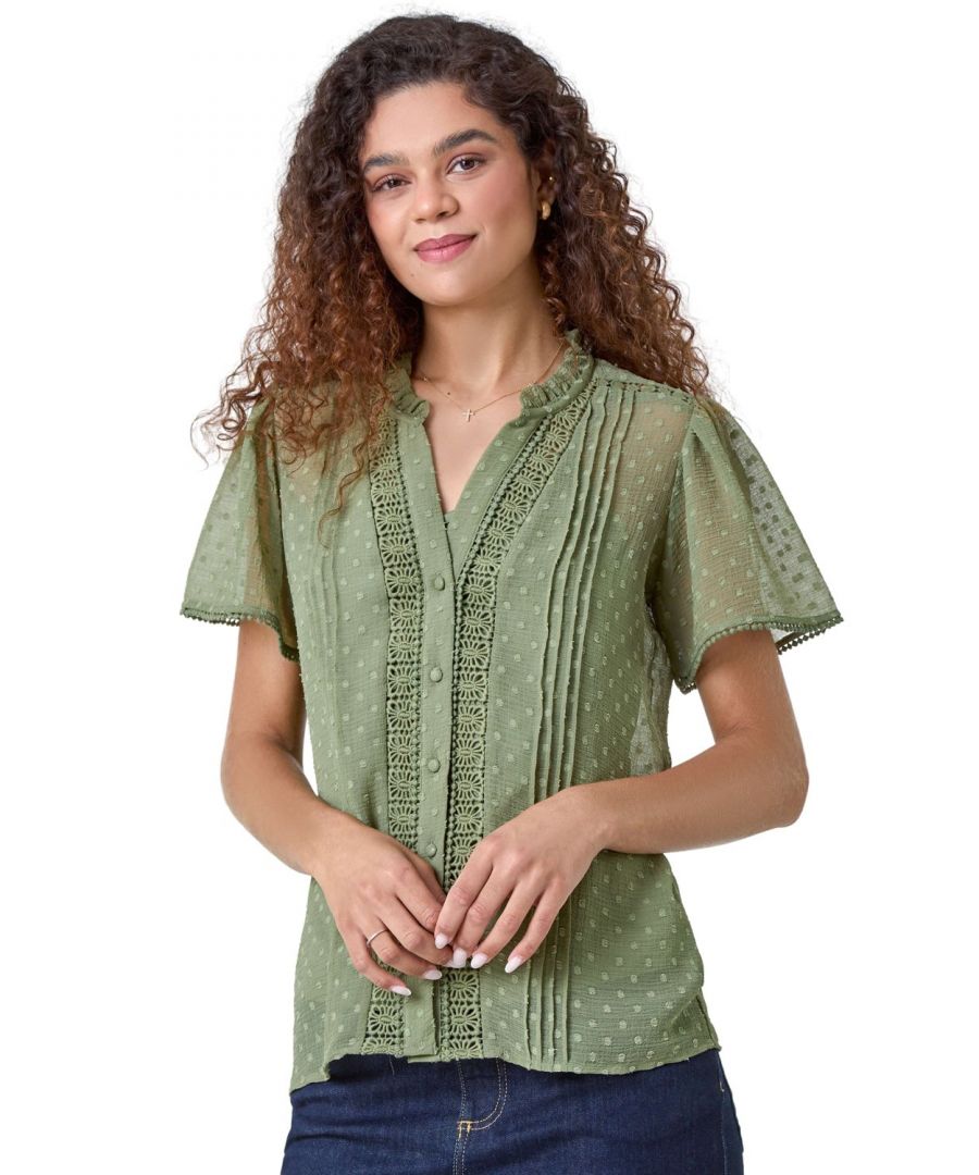 Roman Womens Textured Spot Lace Trim Blouse - Green - Size 10 UK