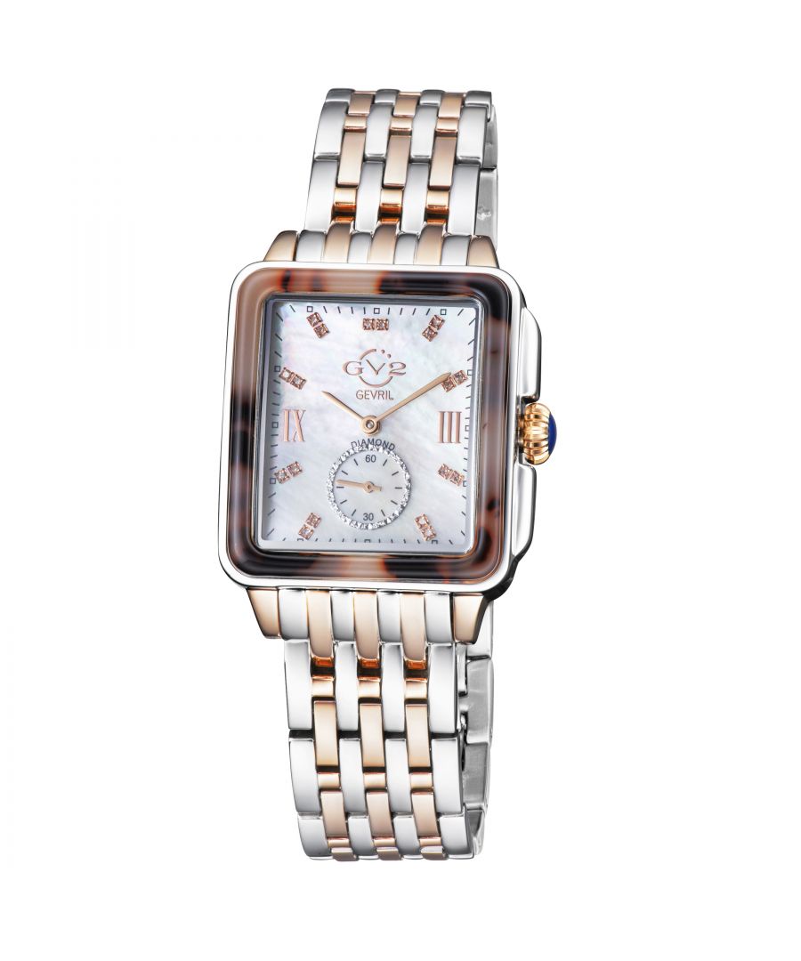 The picturesque city of Bari Italy provided the inspiration for the popular ladies GV2 Bari Collection Known throughout the world as the city of St Nicholas, it is no surprise that the historic town would continue to inspire the designers. The new line extension retains the Bari’s sophisticated rectangular mother-of-pearl dial embellished with eighteen glittering diamonds indices; adding a well-placed sixty-second sub dial. This Bari collection has been fitted with a beautiful pumpkin shape crown topped with a Diamond Cut Bezel Case.\nGV2 9248B Women's Bari Tortoise Swiss Quartz Diamond Watch\nGV2 Women's Swiss Watch from the Bari Collection\n37 mm Square 316L Stainless Steel Tortoise Case/ Push Pull Crown\nWhite MOP dial with 18 diamonds Single Cut G/H Color\nSecond Hand Sub Dial\nTwo-toned SS/IPRG Bracelet with Deployment Buckle\nAnti-reflective Sapphire Crystal\nWater Resistant to 50 Meters/5ATM\nSwiss Quartz Movement Ronda 1069