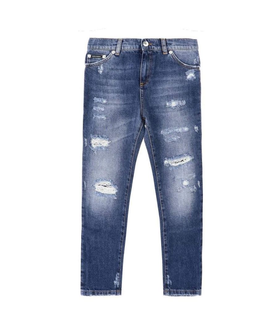 This Dolce & Gabbana Kids Distressed Jeans in Blue, features a 'DG' Embroidered plaque on the back pocket.
