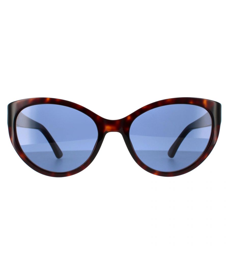 Moschino Cat Eye Womens Dark Havana Blue Sunglasses MOS065/S are a simple feminine cat eye style crafted from chunky acetate and finished with metal detailing and Moschino branding on the temples.