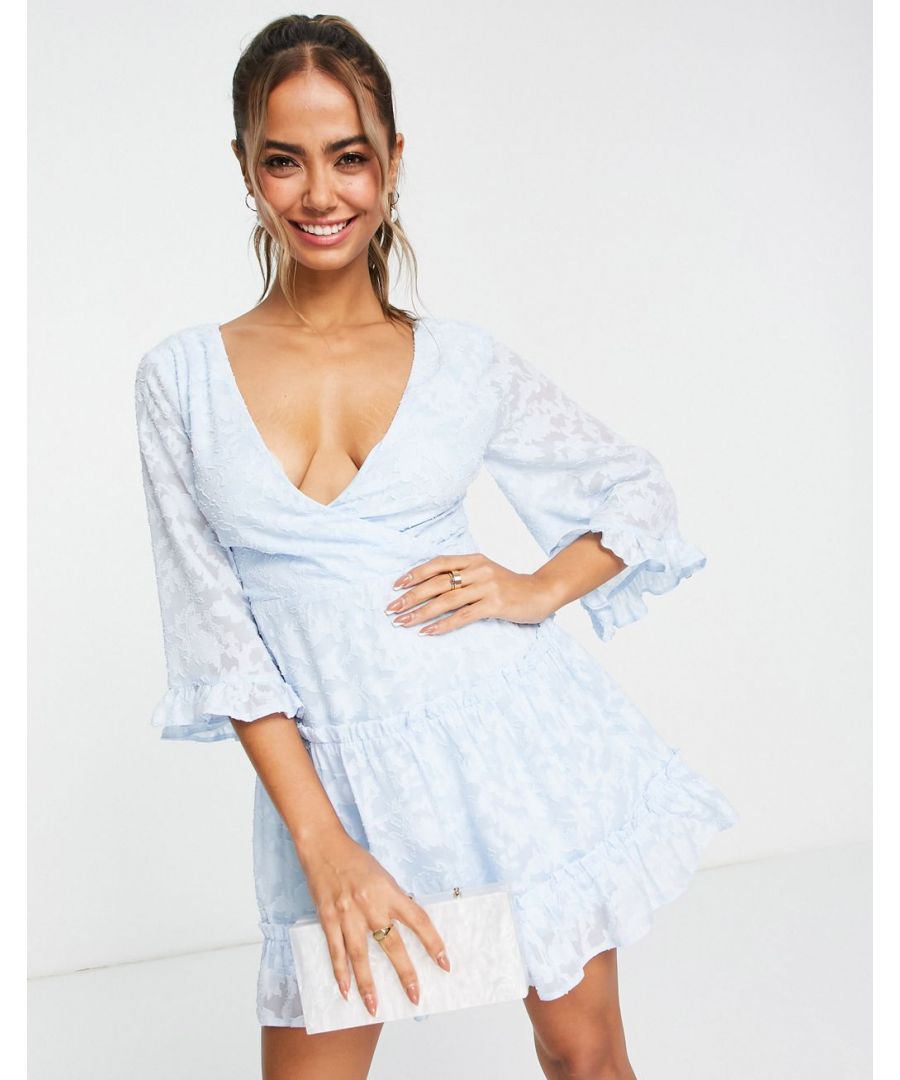 Dress by Miss Selfridge Love at first scroll Jacquard pattern Wrap, plunge front Fluted sleeves Lace-up, tie back Regular fit Sold by Asos