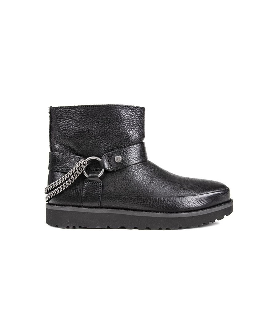 Woman's Black Ugg® Deconstructed Mini Chains Zip-up Ankle Boots With Textured Leather Upper And Ankle Strap And Heel Chain Detail. These Ladies' Low-profile Boots Are Unlined, With An Inside Zip, And Eva Comfort Sole With Embossed Logo Branding.
