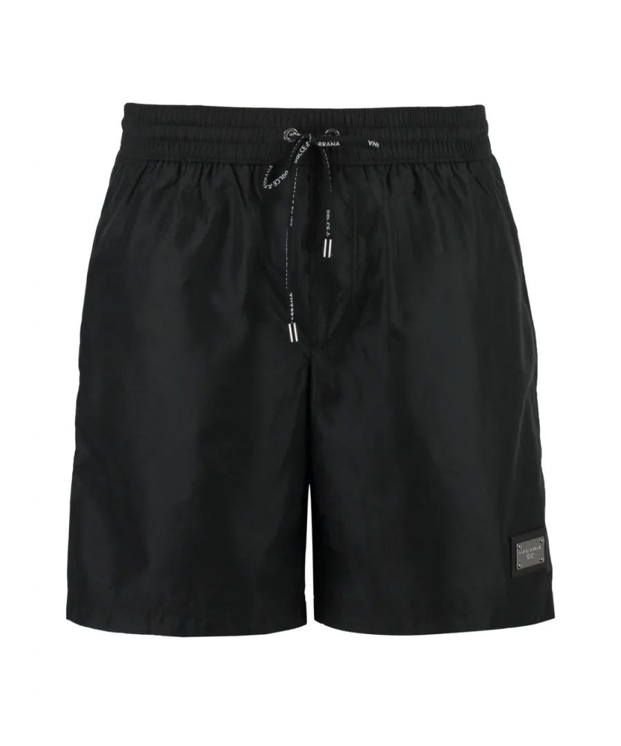 Dolce & Gabbana Mens Silver Plaque Plate Drawstring Swimshorts in Black Nylon - Size X-Large