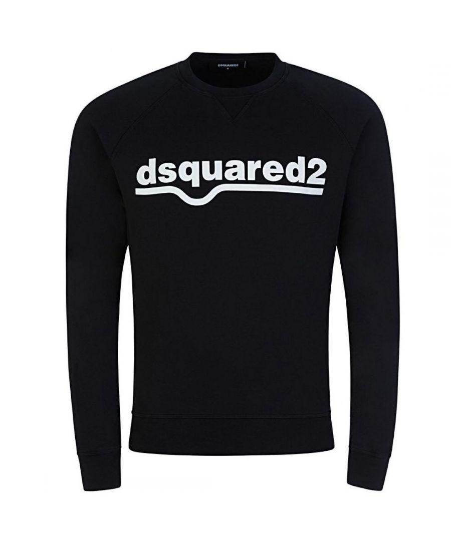 Dsquared2 klassieke zwarte sweater met raglanpasvorm en logo. Dsquared2 zwarte trui. 100% katoen, gemaakt in Italië. Elastische hals, mouwuiteinden en onderkant. Grote logoprint. Stijlcode: S74GU0460 S25030 900