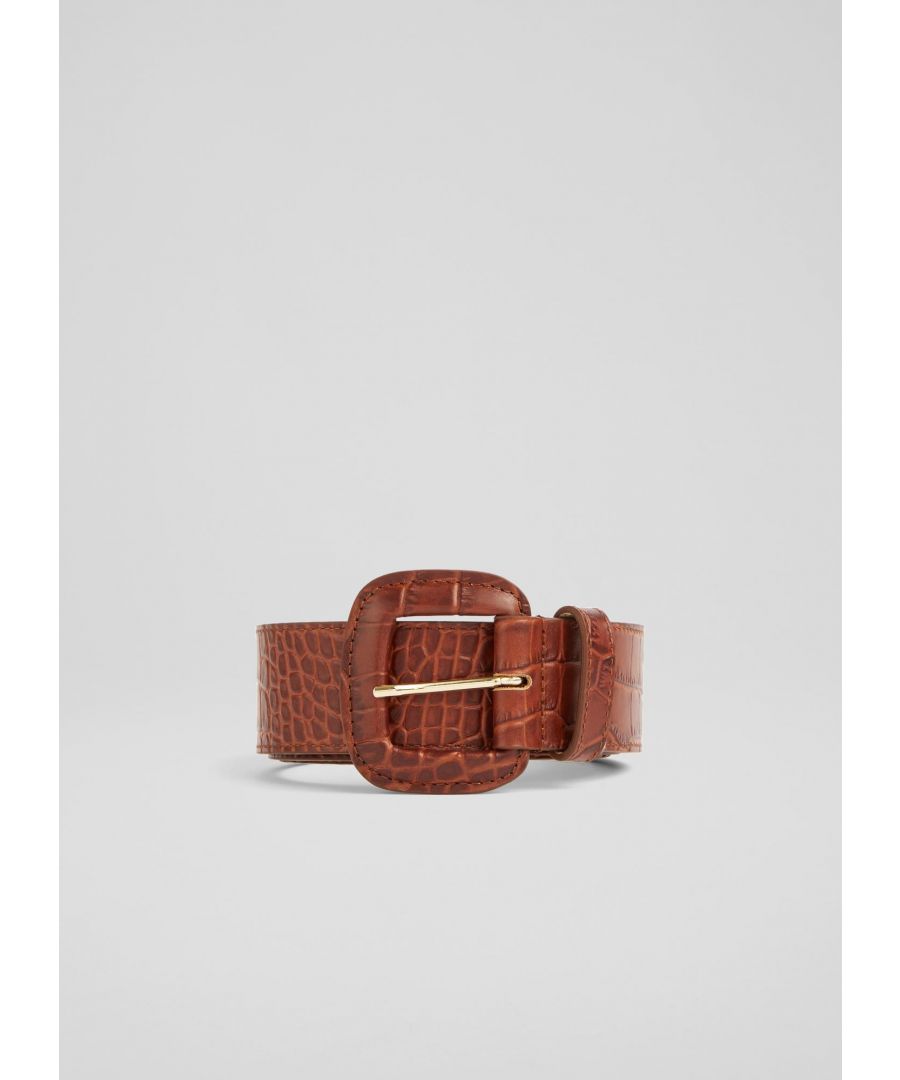 Taking on our signature croc-effect leather, our Mica belt is a new style this season which offers texture to your look. Crafted in Italy from luxurious tan croc-effect leather, it's a wide style with a large square buckle. Wear it to nip the waist over dresses, knits and jackets to offer additional shape.