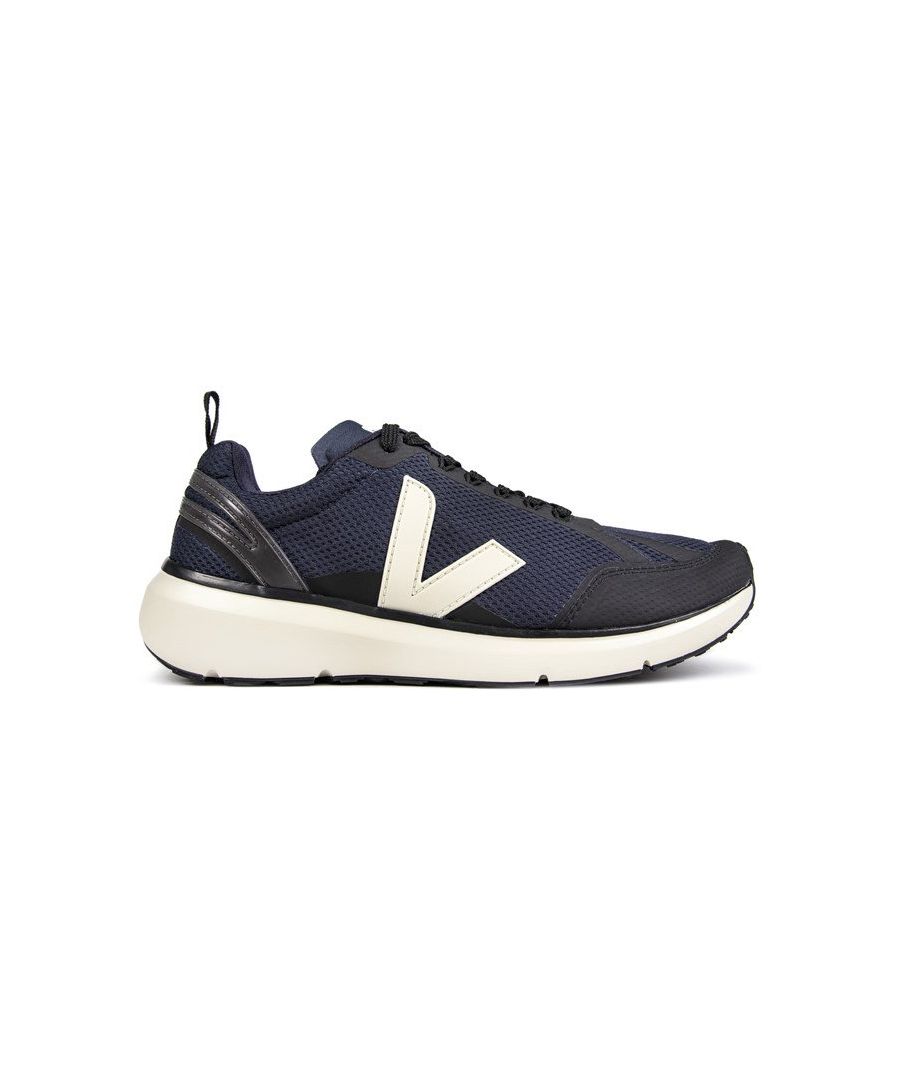 Men's Navy And Black Veja Condo 2 Alveomesh Vegan Lace-up Trainers With Breathable Nylon Mesh Upper Featuring Iconic V Logo In Cream Rubber And Matching Printed Logo On The Tongue. These Premium Sneakers Have An Organic Cotton Lining And Contrasting Cream Rubber Sole With Black Tread.