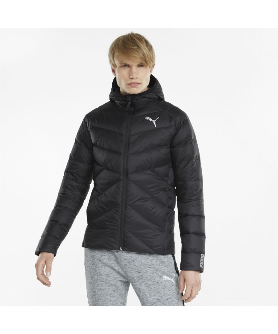 PRODUCT STORY. Never mind the weather, our top athletes will look stylish and stay warm in the PWRWarm packLITE Men's Down Jacket. This winter must-have combines innovative athletic features, such as our packLITE and PWRWarm technologies, with a clever water-repellent fabric that not only protects you from the wind but keeps you comfortably dry.FEATURES & BENEFITS.packLITE: PUMA’s solution for packable outwear to be stored in left side pocket with zip closure and hanger loop.PWRWarm: PUMA's designation for strategically placed adaptive materials designed to maintain optimum body temperature in key areas without losing momentum.RDS certified: PUMA partners with the Responsible Down Standard to ensure that the waterfowl in the down supply chain are treated humanely. DETAILS.Slim fit.Secure side zip pockets.Inner pockets for secure storage.Raglan sleeves for freedom of movement.Clean cuffs and hem.Packable into left side pocket.Inner storm flap with grown-on chin guard for protection.Reflective PUMA Cat Logo at front.Reflective PUMA Wordmark at sleeves.