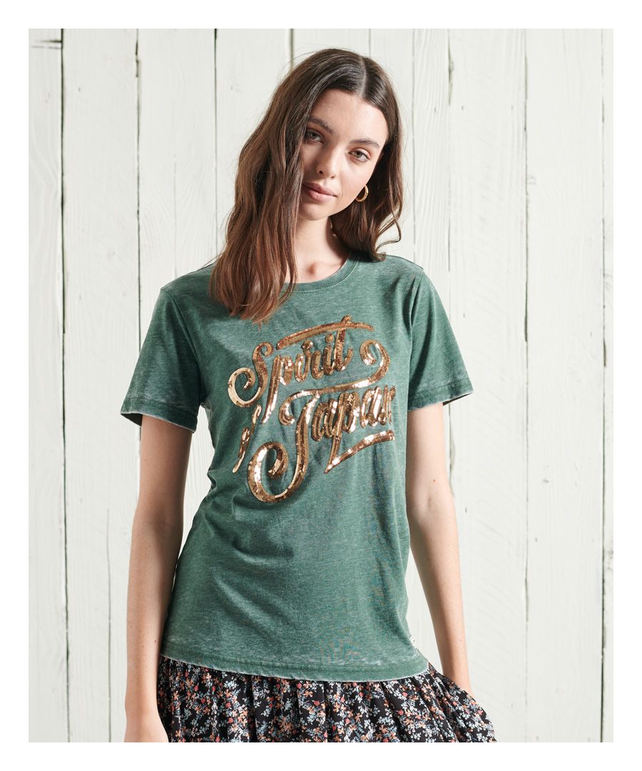 Superdry Womens Off Piste Sparkle T-Shirt - Green Cotton - Size 8 UK