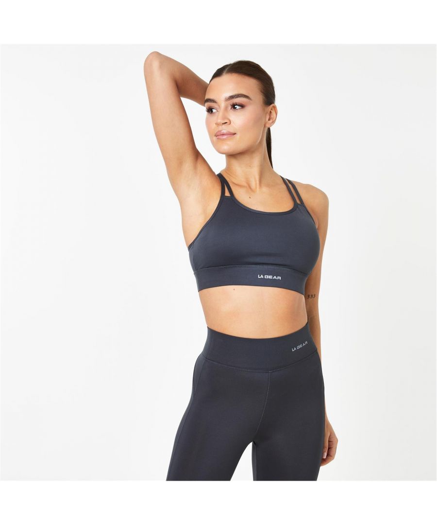 LA Gear Crop Bra - This LA Gear Crop Bra is crafted with double spaghetti straps each side and a crew neck for a classic look. It features flat lock seams for comfort and is padded for light support. This bra is a lightweight sweat wicking construction designed with a signature logo and is complete with LA Gear branding.