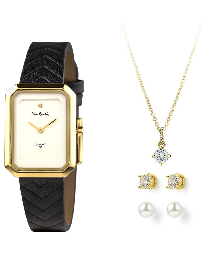 Pierre Cardin Gift Set Watch & Necklace & Earrings PCDX8381L20 Women\nClockwork: Quartz: Battery\nDisplay format: Analog\nWater resistance: 0 ATM\nClosure: Pin Buckle\nFunctions: No Extra Function\nCase color: Gold\nCase width: 22\nCase length: 30\nFacing: Diamond\nWristband color: Black\nWristband material: Leather\nStrap connecting width: 15\nWrist circumference (max.): 200\nShipment includes: Watch Box, Documentation\nStyle: Fashion\nColor: Gold\nMetal: Stainless Steel\nMaterial: Metal\nGemstone & Pearls: Various\nSurface: Polished\nLength: 160\nThickness: 1\nLength: 5\nWidth: 5\nCase height: 6\nGlass: Mineral Glass\nDisplay color: White\nPower reserve: No automatic\nbezel: none