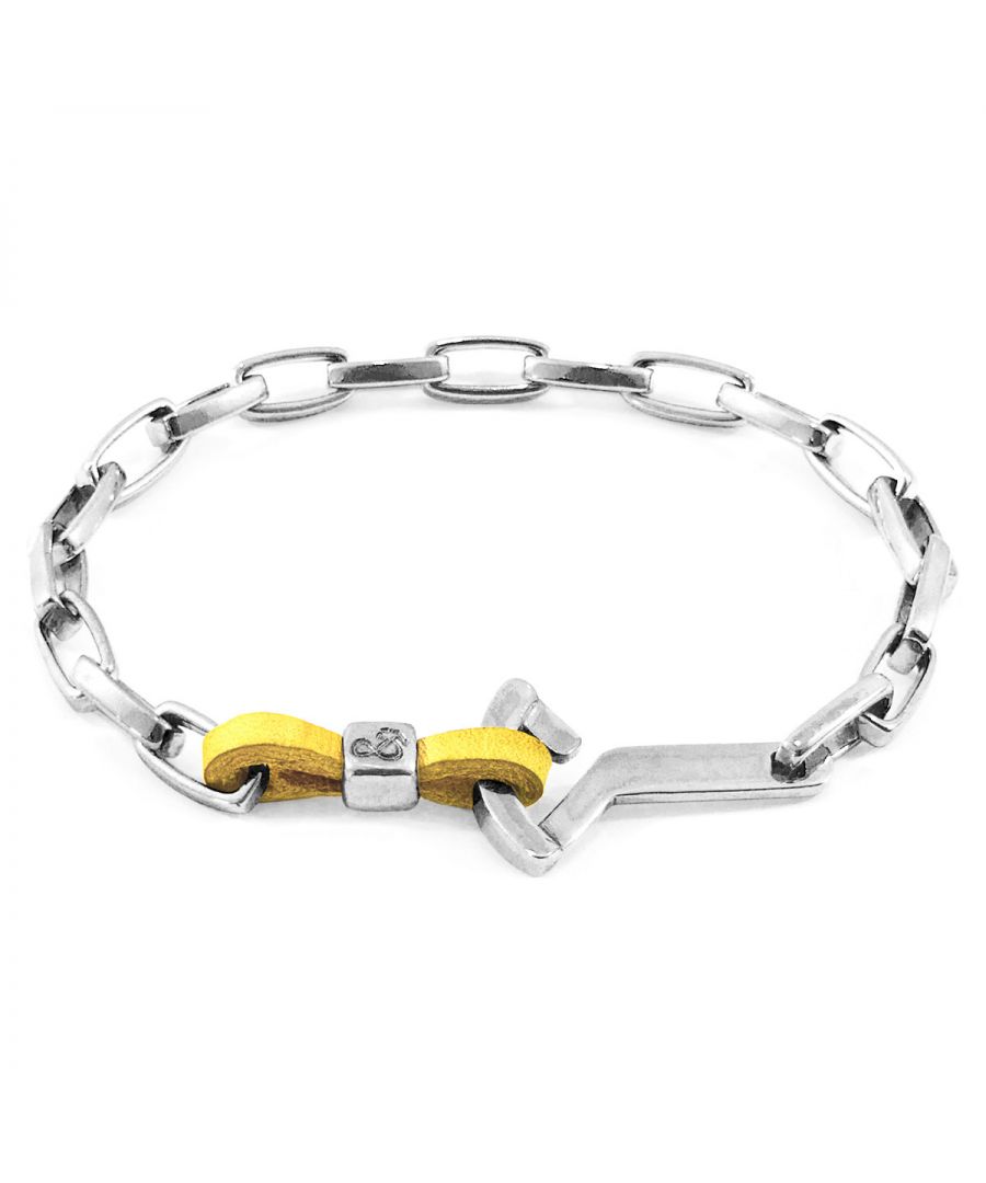 The Mustard Yellow Frigate Anchor Silver and Flat Leather Bracelet was both designed and skilfully handcrafted completely in Great Britain, In Quality We Trust. For the Modern Journeyman (and woman), ANCHOR & CREW takes ownership of an exploratory lifestyle and enjoys the Happy-Good Life. Combining British craft manufacturing with a discerning modern-minimalist style, this ANCHOR & CREW bracelet features:\n\nGenuine and natural square-shaped leather, with two sides of differing textures: 1. Smooth + Flat, 2. Ruffled + Fibrous (GB)\nSecure solid .925 sterling silver anchor and box link chain (GB) \n\nSIZING\nThis bracelet is available in four bracelet lengths, 17cm, 19cm, 21cm or 23cm in circumference. To take the bracelet on or off your wrist, simply (un)clutch the leather loop from the anchor clasp.