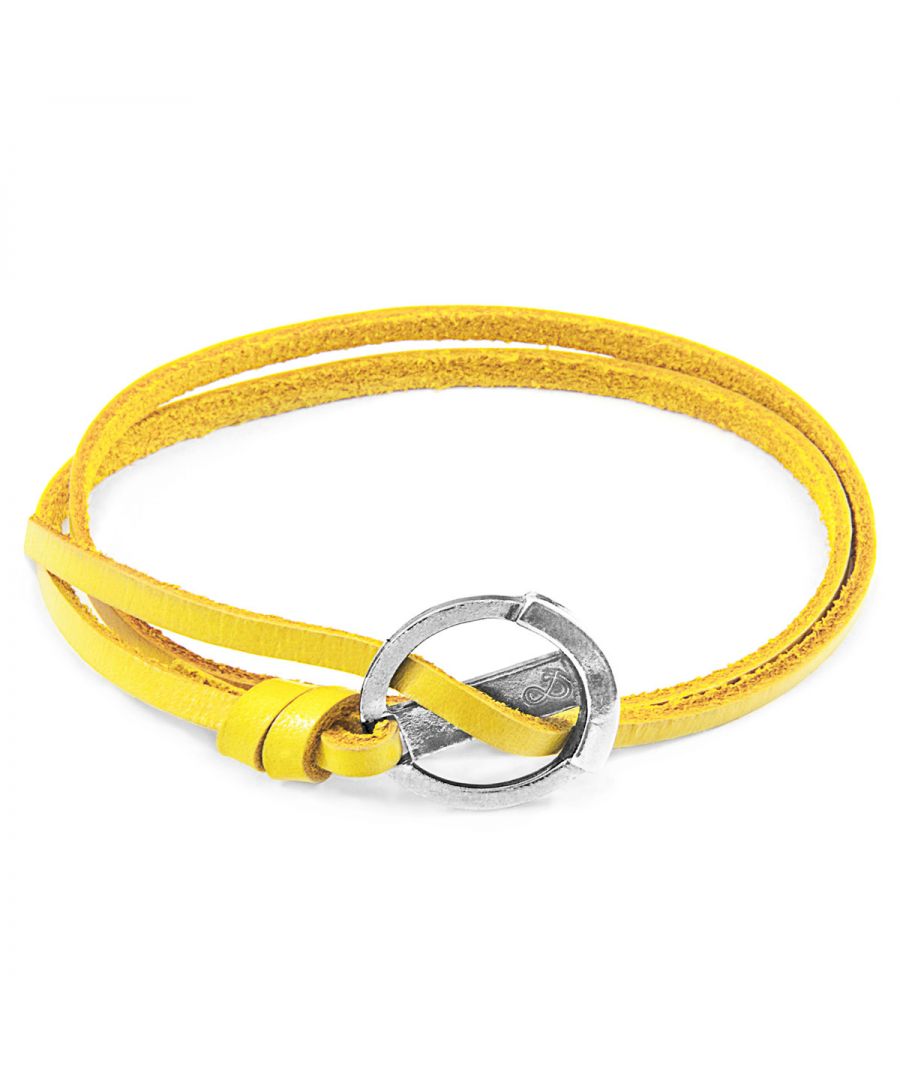 The Mustard Yellow Ketch Anchor Silver and Flat Leather Bracelet was both designed and skilfully handcrafted completely in Great Britain, In Quality We Trust. For the Modern Journeyman (and woman), ANCHOR & CREW takes ownership of an exploratory lifestyle and enjoys the Happy-Good Life. Combining British craft manufacturing with a discerning modern-minimalist style, this ANCHOR & CREW bracelet features:\n\nGenuine and natural square-shaped leather, with two sides of differing textures: 1. Smooth + Flat, 2. Ruffled + Fibrous (GB)\nSolid .925 sterling silver anchor button (GB)\n\nSIZING\nThis bracelet is one size fits all, with the leather able to suit your wrist size. To take the bracelet on or off your wrist, simply double wrap the bracelet, then feed the leather through one half of the anchor button and feed back through the other. Tighten as necessary.