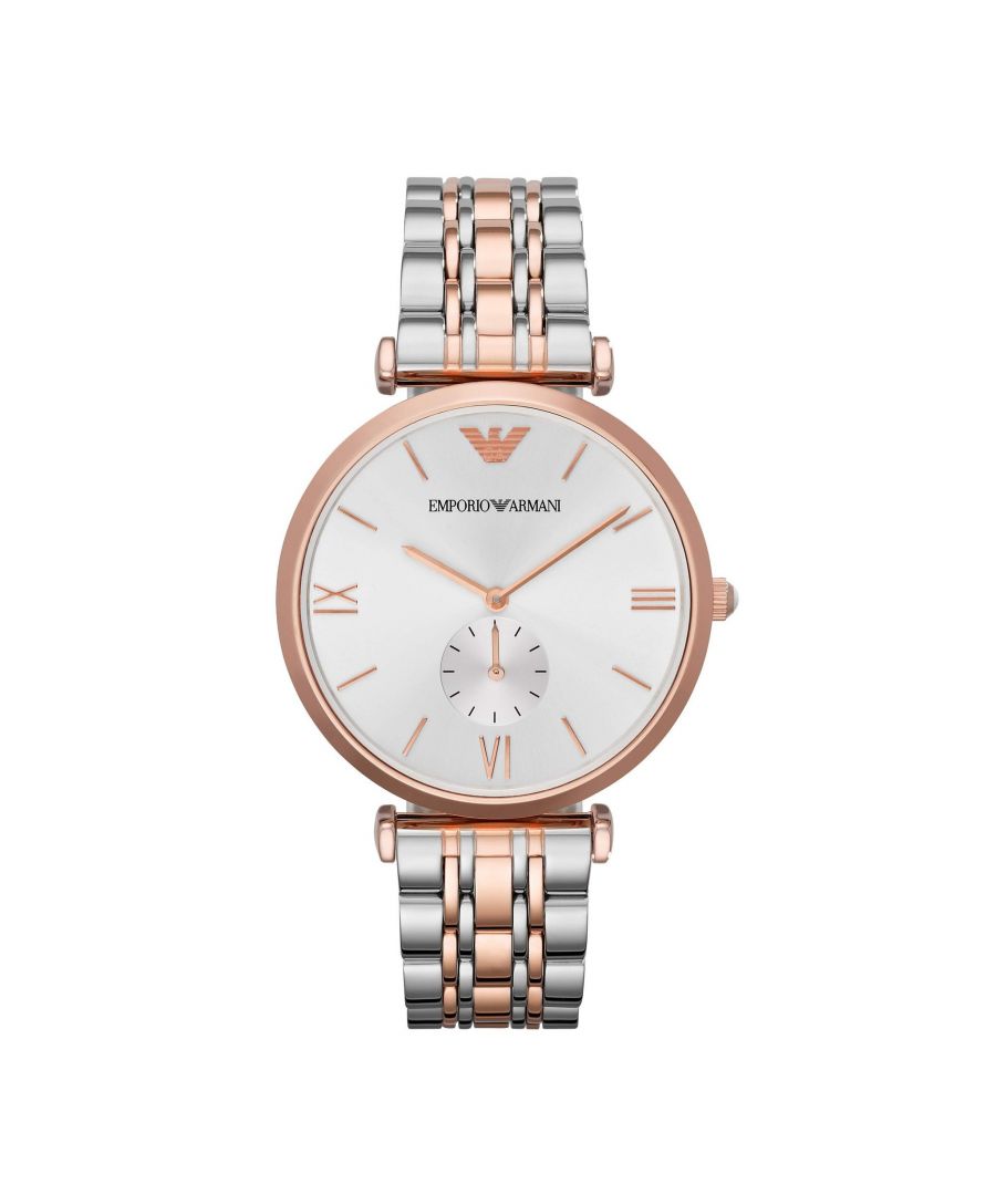 Get an Emporio Armani AR1677 Men's watch. An ideal gift for your partner! With a two-tone rose gold colour stainless steel bracelet. Analogue watch with Roman numeral markers. Water resistant to 50 m. Scratch resistant dial-face, with a smaller second sub-dial. EAN 0723763201827