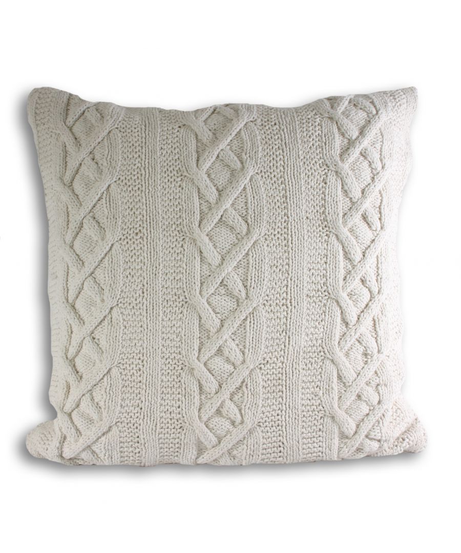 The Aran Polyester Filled Cushion is a modern interpretation of a classic look. This gorgeous cushion features a chunky, cable knit design that adds unique textures to your home interior, bringing a traditional twist into a modern setting or matching a cottage-style theme. With a hidden zip design this cushion will not catch and has a plain cream reverse. Thanks to its 100% cotton weave this Polyester Filled Cushion is super soft to touch making it great for beds. It must be hand washed only and laid flat to dry. Made to match with the Aran cable knit throws in corresponding natural colours.