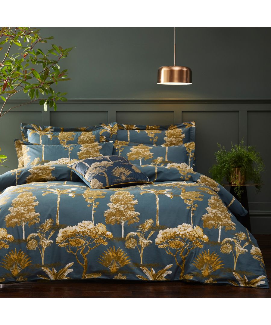 The Arboretum Duvet Cover and Pillow Case Set features a printed design inspired by all the magnificent trees of the world. Opulent in rich blues and gold tones, this soft 200 thread count cotton sateen bedding featuring a luxurious feel and contrast piped edges for the perfect finishing touch. With clear button closure and easy care properties, this duvet set makes for an impossibly comfortable sleep.\nMeasurements are as below for each size in this range;\nSingle: 137 x 200cm (includes one matching pillowcase)\nDouble: 200 200cm (includes two matching pillowcases)\nKing: 230 x 220cm (includes two matching pillowcases)\nSuper King: 260 x 220cm (includes two matching pillowcases)
