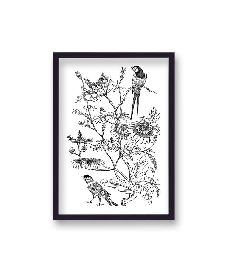 Image for Birds & Flowers Black & White Vintage Print - Black Frame