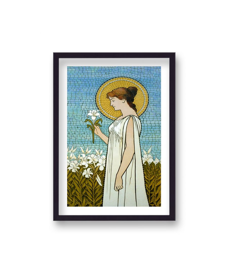 Image for Vintage French Inspired Print Lady in White Gown Holding Lily - Black Frame