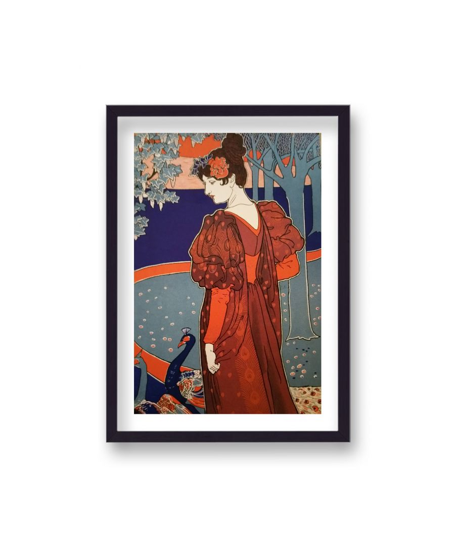 Image for Vintage French Inspired Print Lady in Red Gown in Garden with Peacock - Black Frame