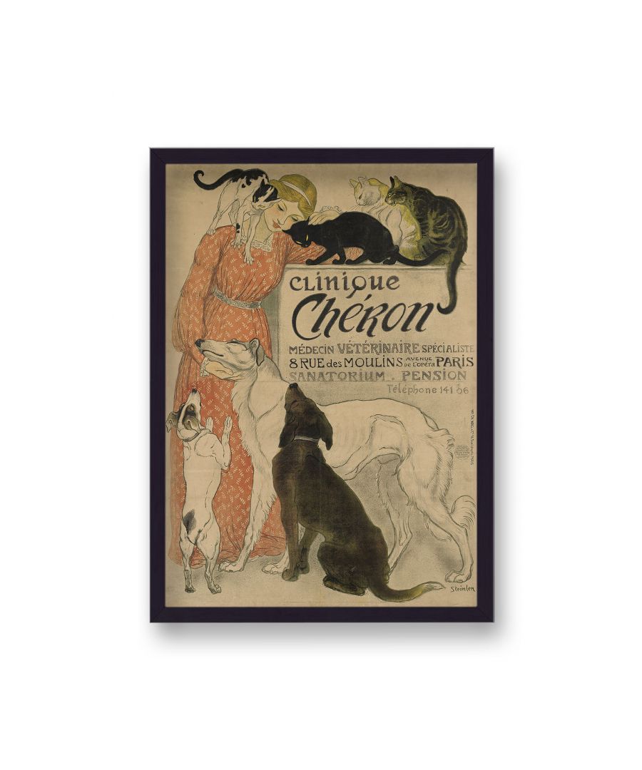 Image for Vintage French Print Clinique Cheron Lady with Cats and Dogs no border - Black Frame
