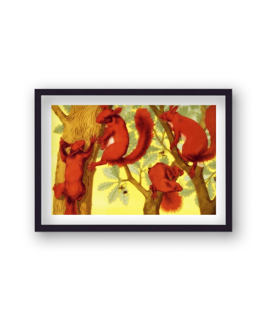 Image for Screenprint Vibrant Red Squirrels in Oak Trees - Black Frame