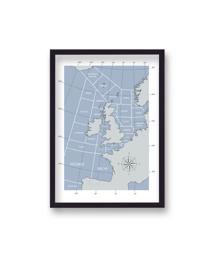 Image for The Shipping Forecast Inspired Print Grey on Grey with Compass - Black Frame