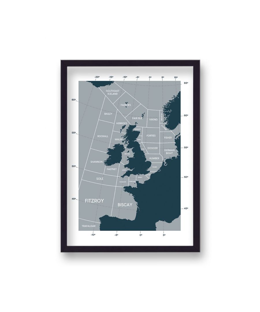 Image for The Shipping Forecast Inspired Print Dark Green on Grey No Compass - Black Frame
